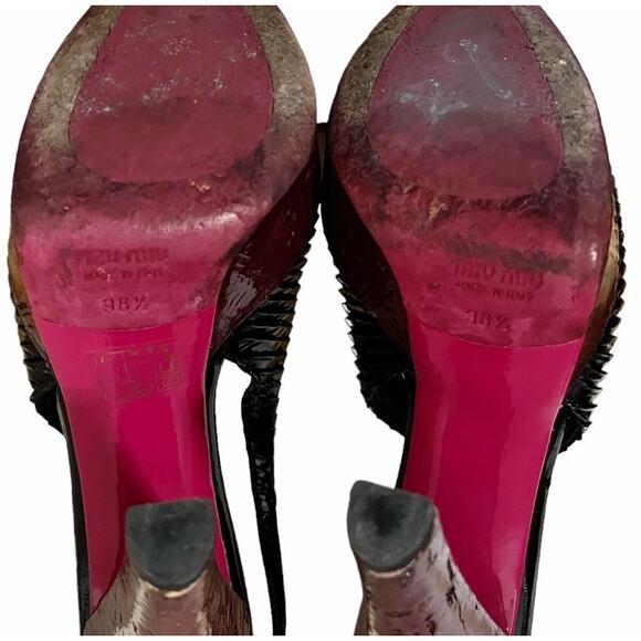 MIU MIU Black Patent Leather Sandals Peep Toe Sling Back Platforms Italy 38.5 - Picture 7 of 16